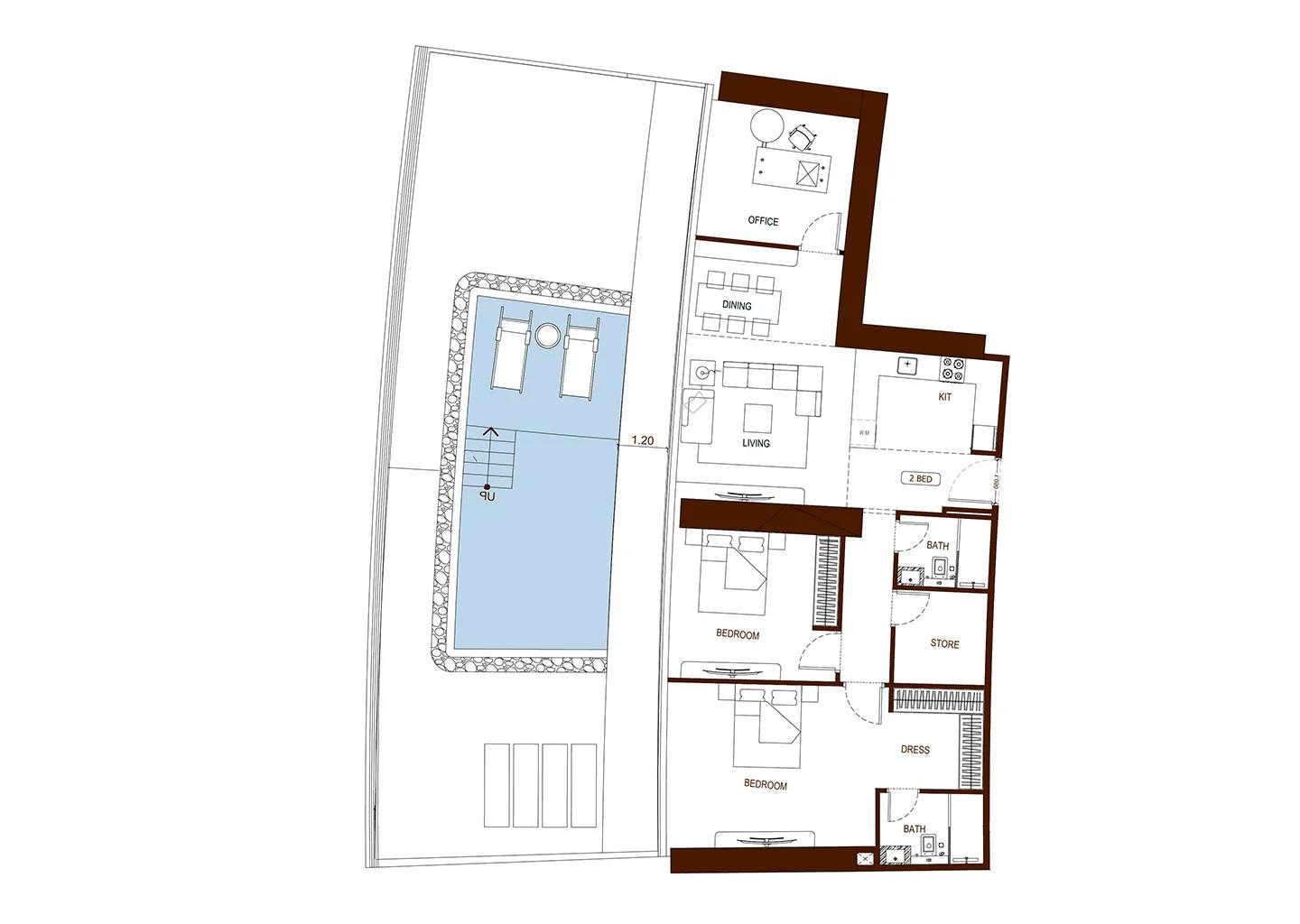 Binghatti Hillviews 2 bedroom floor plan
