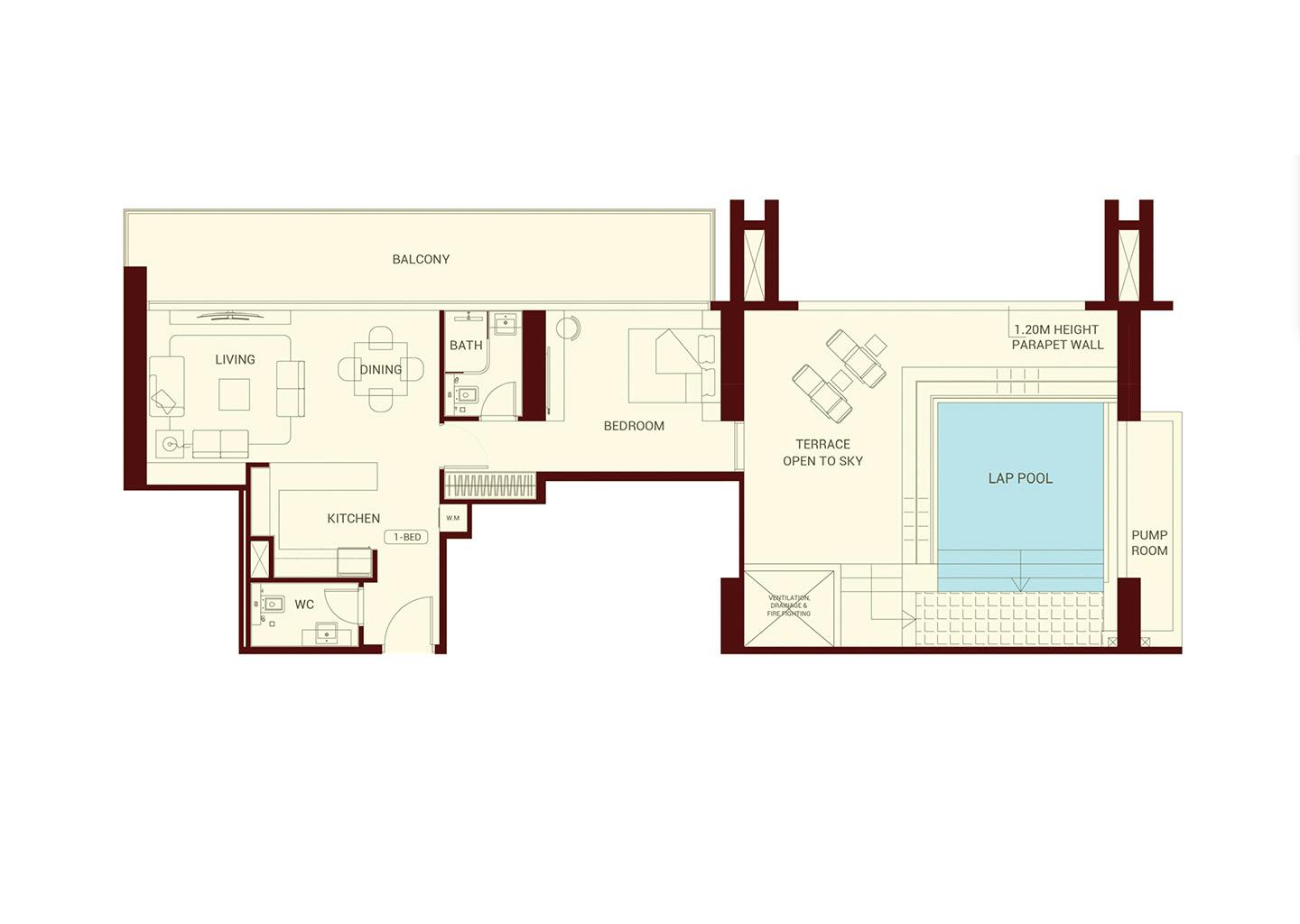 One-bedroom layout with lap pool shown on the official Binghatti Ruby project page.