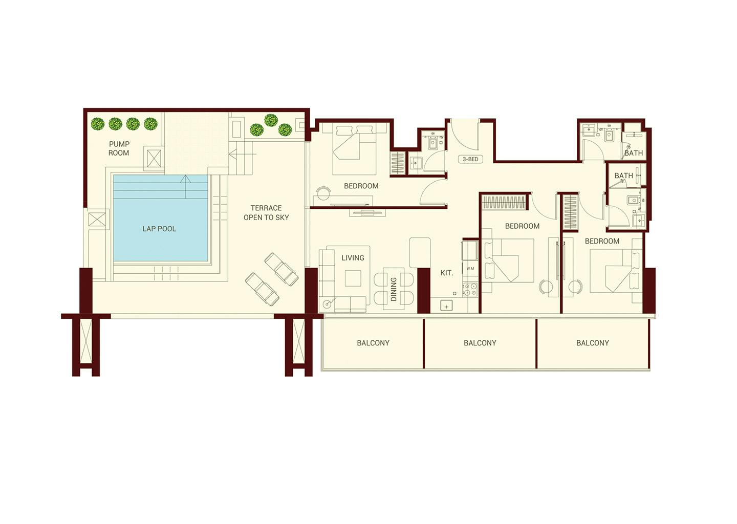Three-bedroom layout with lap pool shown on the official Binghatti Ruby project page.